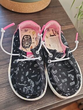 Hey Dude Black and Pink Unicorn Doodle Slip-Ons